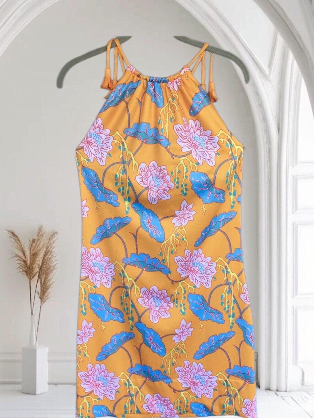 Gretchen Scott Mystic Garden Halter Dress XS Orange Blue Floral Resort Tassel